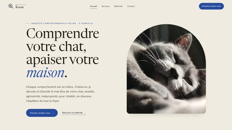 Page d’accueil du site detective-korat.fr : Détective Korat, comportementaliste félin à Angers