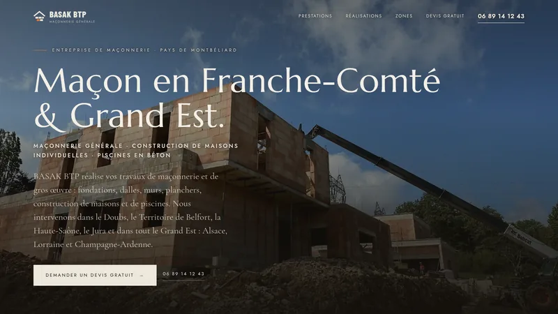 Page d’accueil du site maconnerie-basak.fr : BASAK BTP, maçon en Franche-Comté et Grand Est