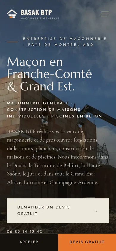 Page d’accueil de maconnerie-basak.fr sur téléphone, avec la barre fixe « Appeler / Devis gratuit » en bas de l’écran