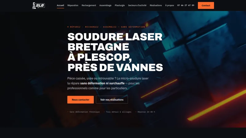 Page d’accueil du site soudurelaserbretagne.fr : micro-soudure laser à Plescop, près de Vannes