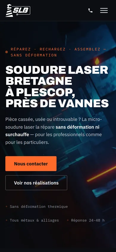 Page d’accueil de soudurelaserbretagne.fr sur téléphone : titre, boutons « Nous contacter » et « Voir nos réalisations »