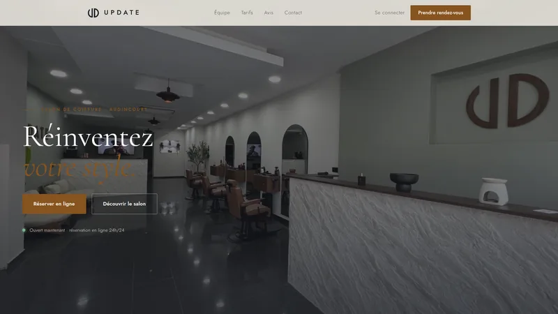 Page d’accueil du site updatesalon.fr : salon de coiffure et barbier Update à Audincourt